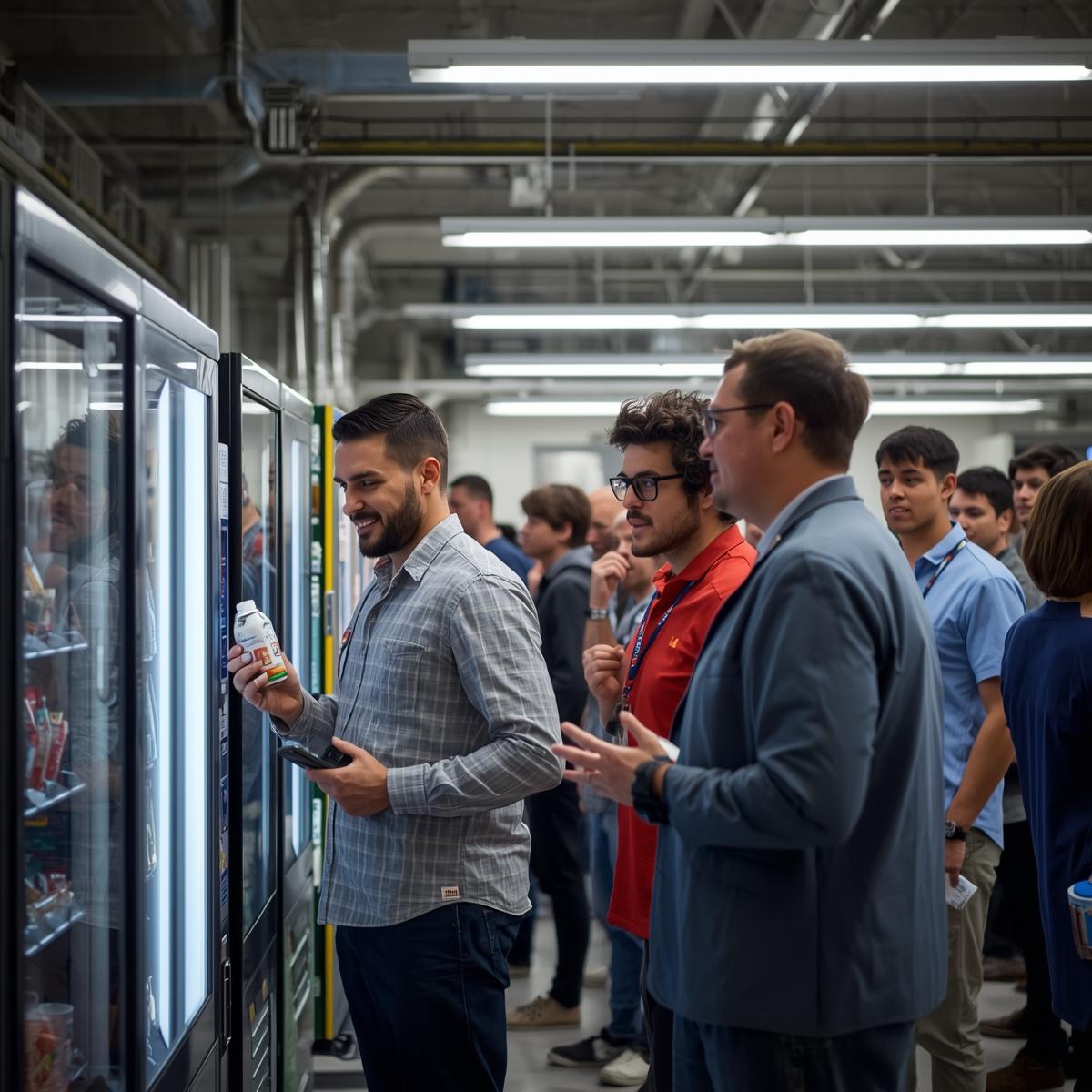 Fabrika mola alanında otomat makinesi kullanan çalışanlar